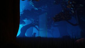 A mysterious glass monolith stands in a mystical forest under a blue night sky.